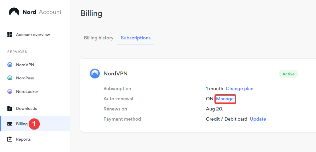 NordVPN Billing Section