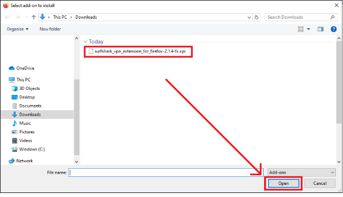 Surfshark add on the installation file