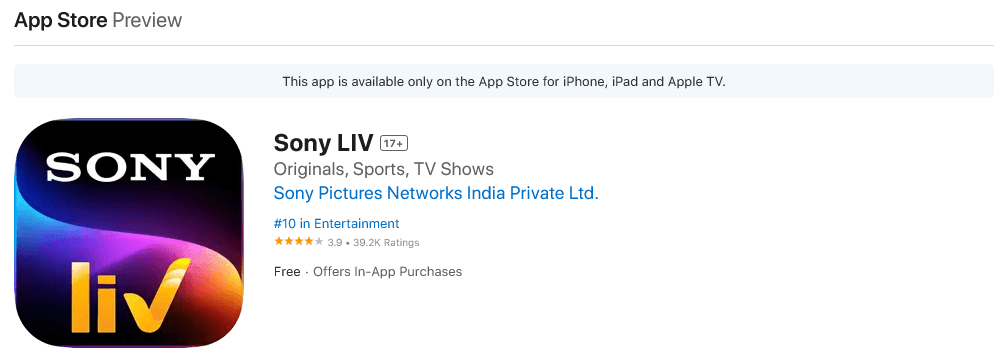 SonyLIV App on Apple Play Store