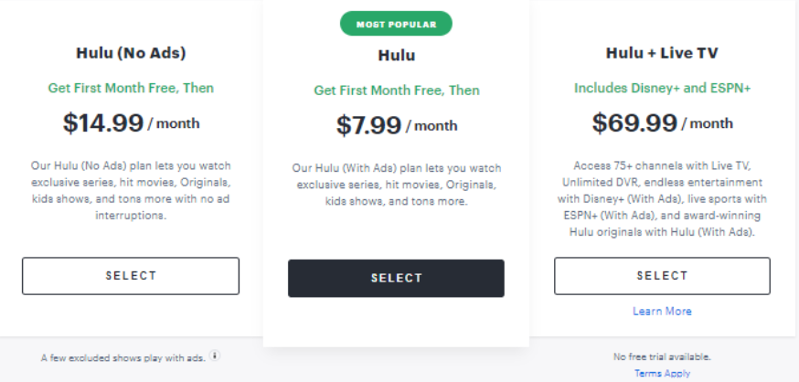 Pricing of Hulu Streaming
